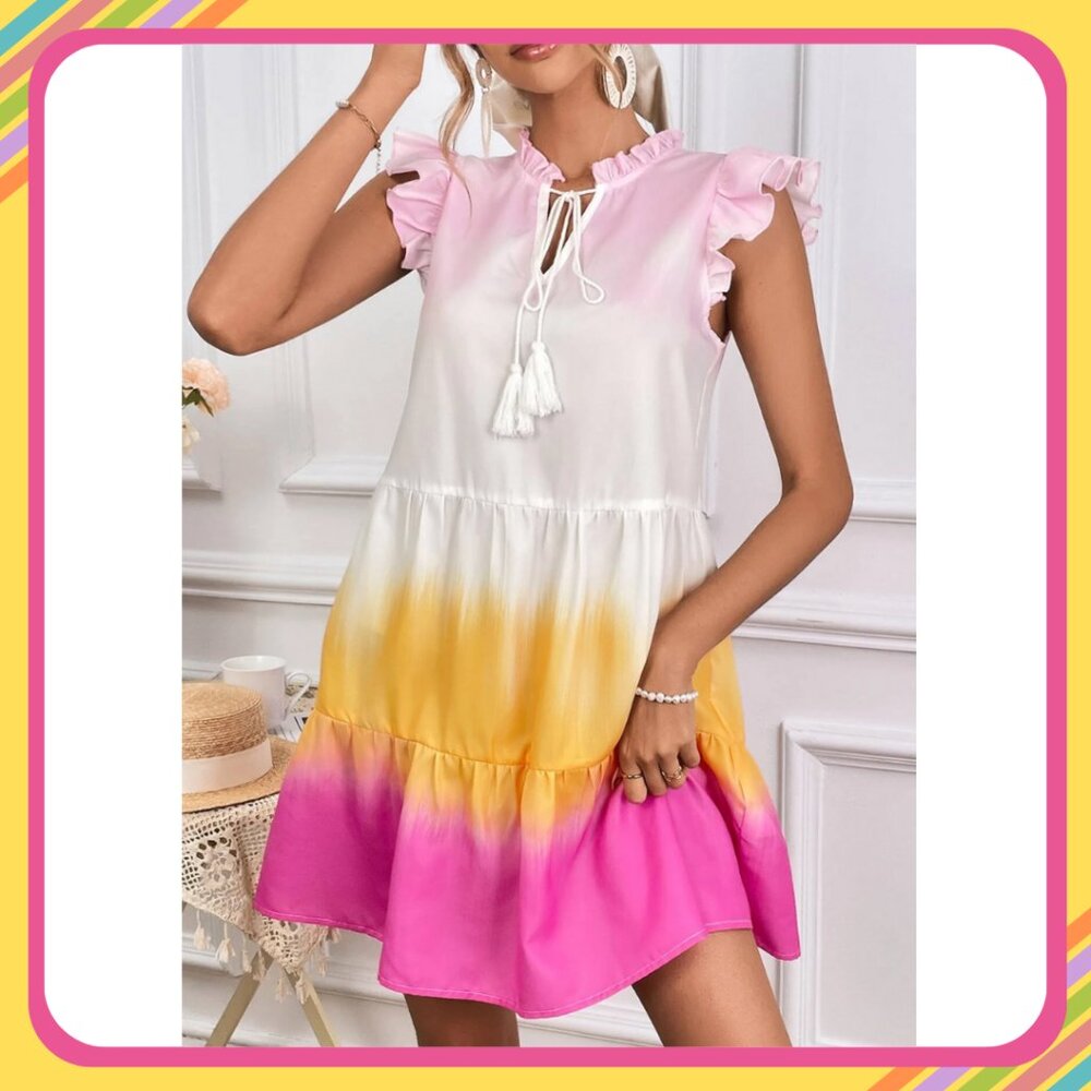 Tie Dye Frill Tie Neck Ruffle Hem Smock Dress – Size S